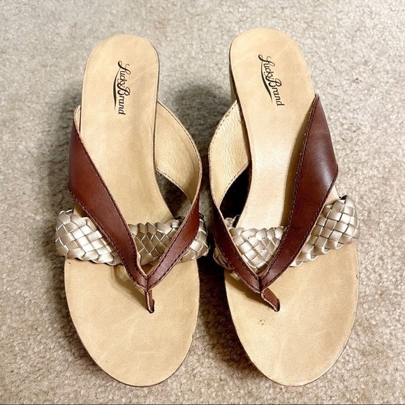 LUCKY BRAND Norrah Brown & Gold Leather Espadrille Platform Wedge Sandals - 9.5 - Picture 1 of 9